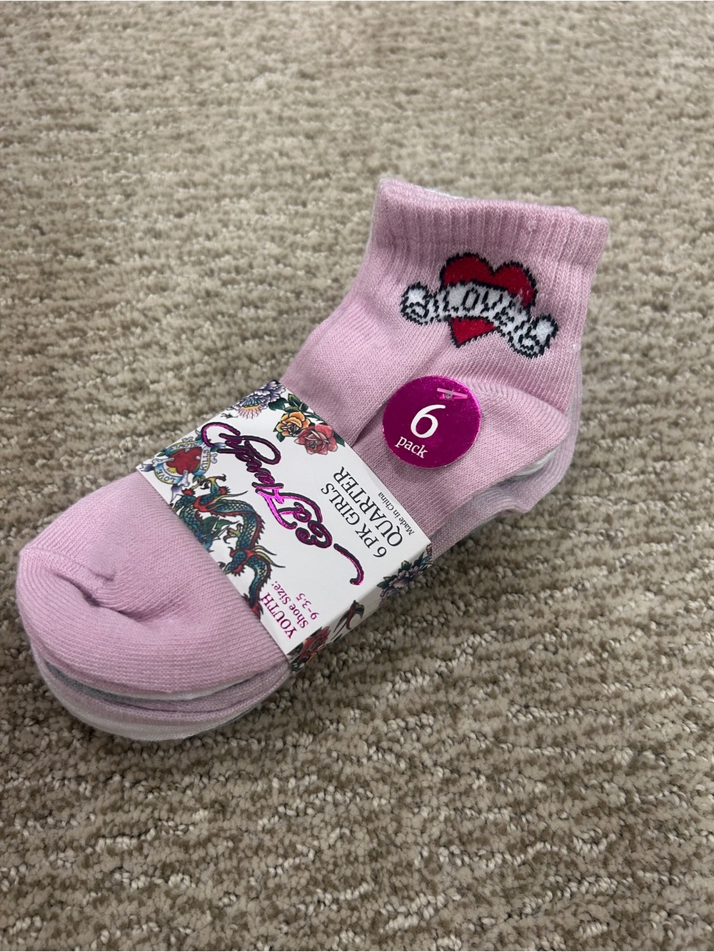 Ed Hardy Pink Girls' Ankle Socks with Red Heart Tattoo Motif (6-Pack)